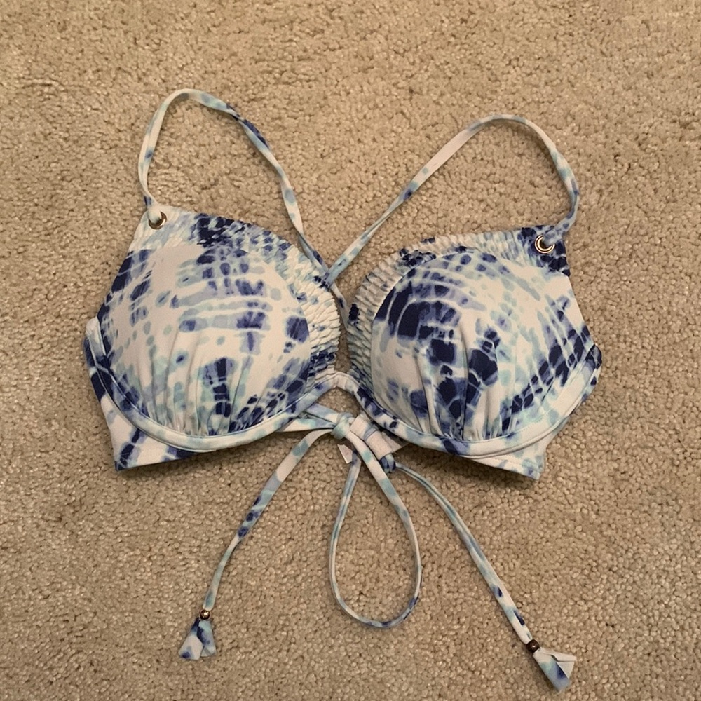 Marble blue and white swim bikini top - adjustable straps